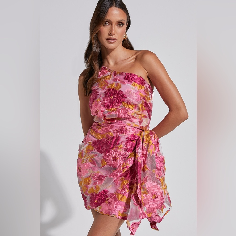 SHOWPO Brailey Mini Dress One Shoulder Wrap Dress in Pink Jacquard LIKE NEW
